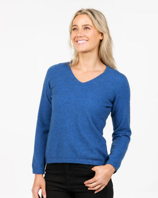 Cornflower blue womens vee-neck possum merino sweater - NB396