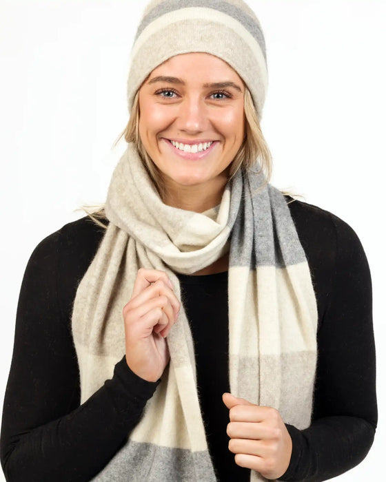 Natural stripe travel scarf in possum merino wool NX824