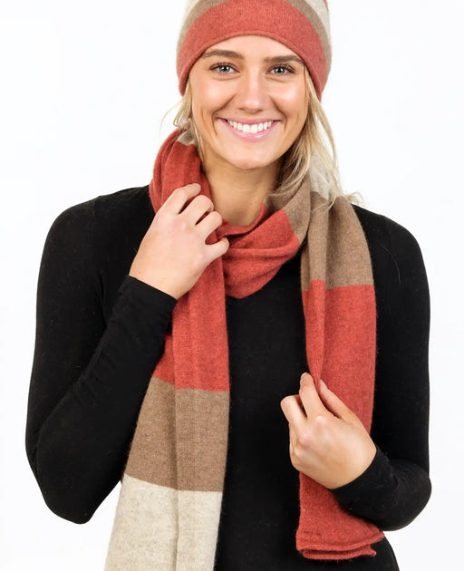 Rosewood stripe travel scarf in possum merino wool NX824