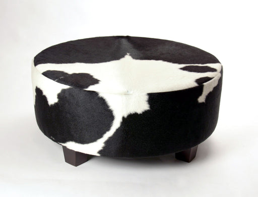 Round cowhide ottoman with square feet